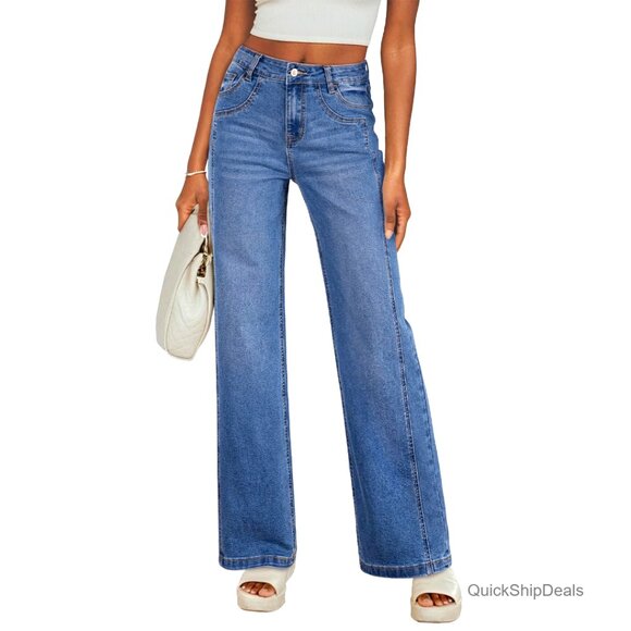 Wide Leg High Waist Stretchy Jeans Straight Leg Patchwork Loose Fit Denim Pants
